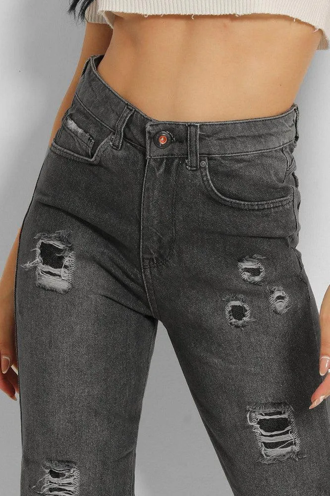 Ash Grey Distressed High Waist Taper Mom Jeans