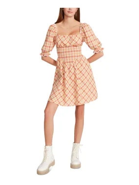 BETSEY JOHNSON Womens Orange Smocked Embroidered Trim Plaid Pouf Sleeve Square Neck Short Fit   Flare Dress