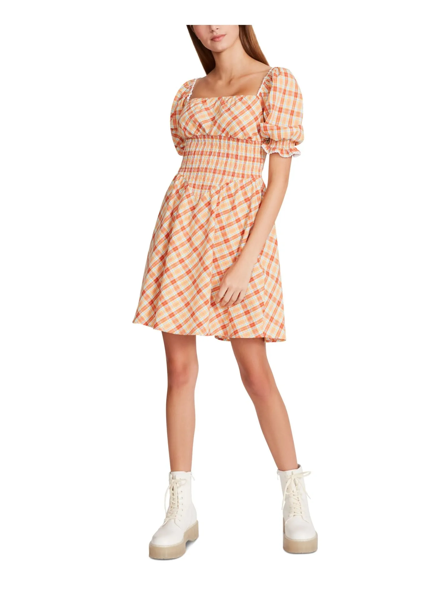 BETSEY JOHNSON Womens Orange Smocked Embroidered Trim Plaid Pouf Sleeve Square Neck Short Fit   Flare Dress